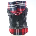 Detailed back view of a dog denim vest with red plaid hood and frayed hem details. - XS / Red Plaid Denim Vest / Red
