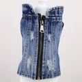 Detail of distressed denim pet vest featuring metal zipper and ripped fabric texture. - XXS / Shredded Denim Vest / Dark Blue