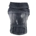 Detailed view of black ripped denim pet vest with distressed fabric and white stitching - XS / Washed Black