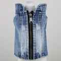 Close-up of pet denim vest featuring a metal zipper and stylish distressed ripped details. - XXS / Shredded Denim Vest / Light Blue