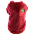 Detail view of red plush pet vest with cute strawberry embroidery for small dogs - XS / Red Strawberry Plush Vest