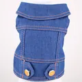 Detail of pet denim vest showing orange contrast stitching and decorative buttons - XS / Orange Buttons