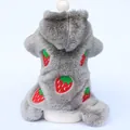 Detailed view of the strawberry embroidery on a grey furry dog hoodie for winter. - XS / Gray Strawberry Embroidery Four-legged