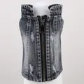 Detail shot of pet dog denim vest featuring ripped distressed accents and front zipper - XXS / Shredded Denim Vest / Black