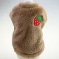 Detailed view of brown plush dog vest featuring a red strawberry embroidery applique - XS / Coffee Strawberry Plush Vest