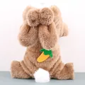 Detail des plüschigen braunen Hunde-Jumpsuits mit Kaninchenohren und Karottendekoration - Kaffeebraun