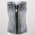 Detailed macro view of washed grey denim pet vest with front zipper and ripped holes - XXS / Shredded Denim Vest / Grey Black