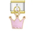 Detailed macro view of a pink enamel crown pendant on a gold-tone Italian modular charm link. - Pink Crown Style (ICG208)