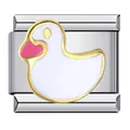 Detailed macro view of an Italian charm featuring a white duck with gold trim. - Pink Beaked White Duck Pattern (ICJ196-1)