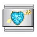 Detail of Italian charm link featuring a gold arrow and blue glitter heart pattern. - Heart with Arrow Pattern (ICJ198-1)