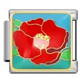 Close-up of Italian modular charm link with red enamel flower on blue background. - Red Flower Style (ICJ356-1)