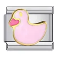 Stainless steel Italian charm link with a pink gold-plated enamel duck design for DIY jewelry. - Pink Duck Pattern (ICJ197-1)