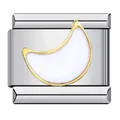 Detailed view of a stainless steel Italian charm link with a white enamel crescent moon. - Moon Style (ICJ038-1)