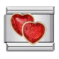 Stainless steel Italian charm link with double red glitter hearts and gold trim - Double Heart Glitter Pattern (ICJ202-1)