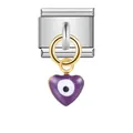 Close-up of stainless steel modular bracelet link with purple heart evil eye charm - Purple Enamel Style (ICG237) / Purple Heart Style (ICG237)