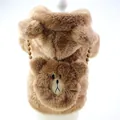 Close-up of brown plush pet dog hoodie with cute embroidered bear face pocket detail - XS / Coffee