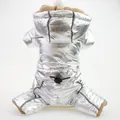 Close-up detail of the back view of a shiny silver padded dog jumpsuit for winter warmth. - 2XL / Silver