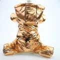 Back view of metallic gold padded dog winter jumpsuit with reflective stripes and hood - Gold