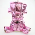 Back view of metallic pink hooded dog jumpsuit with warm fleece lining for winter use - S / Purple