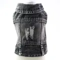 Detailed view of the distressed back on a black denim pet vest for small dogs - XS / Deep Black