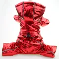 Red metallic padded dog jumpsuit for winter, shiny waterproof pet coat detail view - S / Red