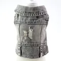 Detailed view of ripped gray denim pet vest featuring rugged distressed back design - XS / Light Black
