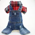 Red and blue plaid dog shirt paired with distressed denim overalls jumpsuit for small pets - XS / Red Plaid Blue Denim