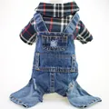 Macro view of pet denim jumpsuit showing the plaid shirt texture and ripped denim detail - XS / Blue Plaid Blue Denim