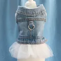 Close-up detail of denim pet vest dress featuring a white tutu skirt and leash ring - XS / Detachable Style / Blue