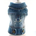 Detailed view of blue denim pet vest with D-ring for leash and metal buttons. - XS / Light Blue Distressed Style