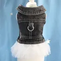 Back view detail of black denim dog dress with white tutu skirt and metal D-ring - XS / Detachable Style / Black