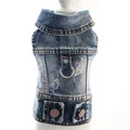 Detailed view of blue denim pet vest with leash attachment and distressed fabric - XS / Washed Blue Distressed Style