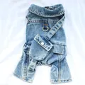 Detailed view of dog denim overalls featuring a functional mini backpack and D-ring - XS / Hand-Brushed Denim Backpack Style / Blue
