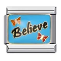 Detailed view of stainless steel Italian charm link with 'Believe' text and butterfly motifs. - Believe (ICJ710)