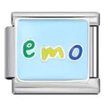 Macro detail of Italian charm with colorful 'emo' enamel letters on light blue background - emo (ICJ425-1)