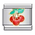 Stainless steel Italian charm module with red cherry enamel design for DIY bracelets - Red Cherry Style (ICJ526)