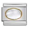 Italienischer Modul-Charm mit ovalem weißem Stein und Goldrand auf Edelstahl-Basis. - Silberner Sockel Kleines Oval (J284-1) / Weiß