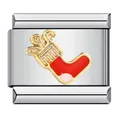 Stainless steel Italian charm link with red enamel Christmas stocking design - Christmas Sock Pattern (ICJ851)