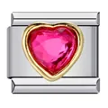 Eslabón de charm italiano de acero con corazón rosa facetado en bisel dorado - Corazón Strass Rosa (ICJ633)
