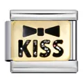 Stainless steel Italian charm bracelet link with gold KISS and black bowtie design - Kiss Bow Style (ICJ412-1)