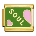Italian charm bracelet link featuring gold SOUL letters and pink hearts on green enamel - SOUL (ICJ599-1)