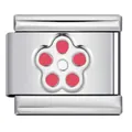 Close-up of stainless steel Italian modular charm with pink floral design - Silver Base Red Petal Style (ICY734)