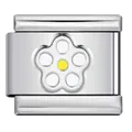 Macro detail view of a silver stainless steel Italian charm link featuring a yellow flower - Silver Base Hollow Yellow Heart Petal Style (ICY733)