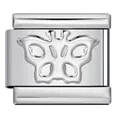 Detailansicht eines silbernen Schmetterlingsanhängers aus Edelstahl für Modular-Armbänder. - Fliegender Schmetterlingsmuster (Y455) / Silber
