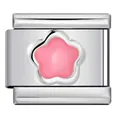 Detail shot of a pink enamel flower charm link for Italian modular stainless steel bracelets - Silver Base Pink Petal Style (ICY717)