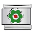 Close-up of Italian modular charm link featuring a green and red enamel flower pattern - Silver Base Green Red Petal Style (ICY522)