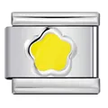 Detailed close-up view of a stainless steel Italian charm link with yellow enamel flower design - Silver Base Yellow Petal Style (ICY521)