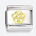 Polished stainless steel Italian charm bracelet link featuring a golden hollow flower motif - Golden Hollow Flower (ICY045)
