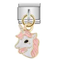 Detailed view of white and pink enamel unicorn charm on stainless steel Italian link - Pink Unicorn Style (ICG225)