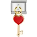 Italian charm bracelet link featuring a red enamel heart key pendant in stainless steel - Heart Key Pendant (ICG207) / ICG207